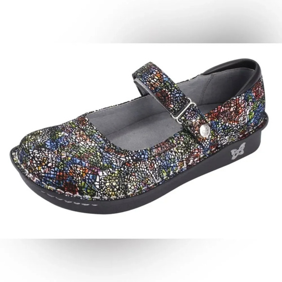 Alegria Belle Cathedral leather multicolor black web velcro strap Mary Jane shoe - Picture 1 of 7